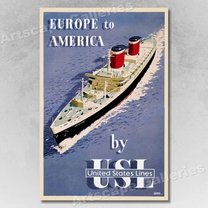Europe to America United States Line Vintage Style Travel Poster