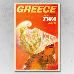 TWA to Greece 1960s Vintage Style Airline Travel Poster