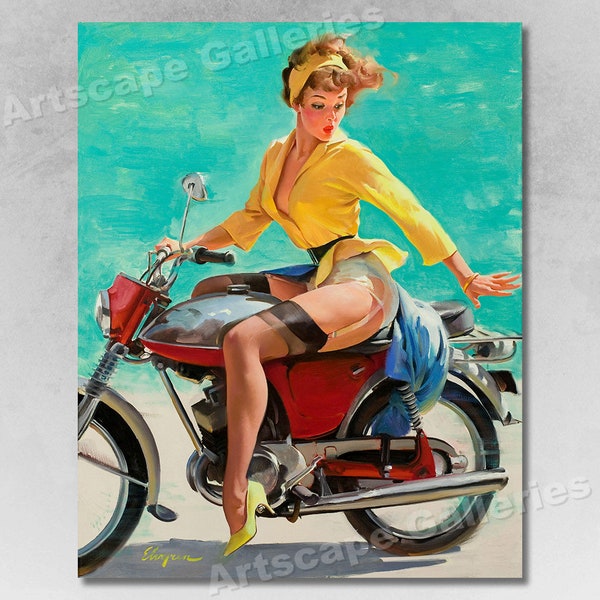 1970s "Skirting the Issue" Vintage Style Elvgren Pin-Up Motorcycle Poster