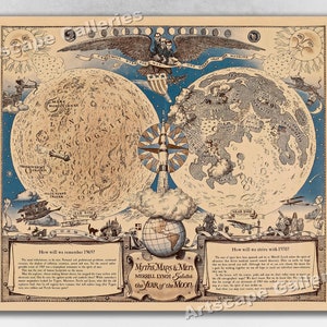 May include: A vintage-style map of the moon with illustrations of mythical creatures and space travel. The map is divided into two halves, representing the near and far sides of the moon. The text "Myths Maps & Men Merrill Lynch Salutes the Year of the Moon" is printed at the bottom of the map.