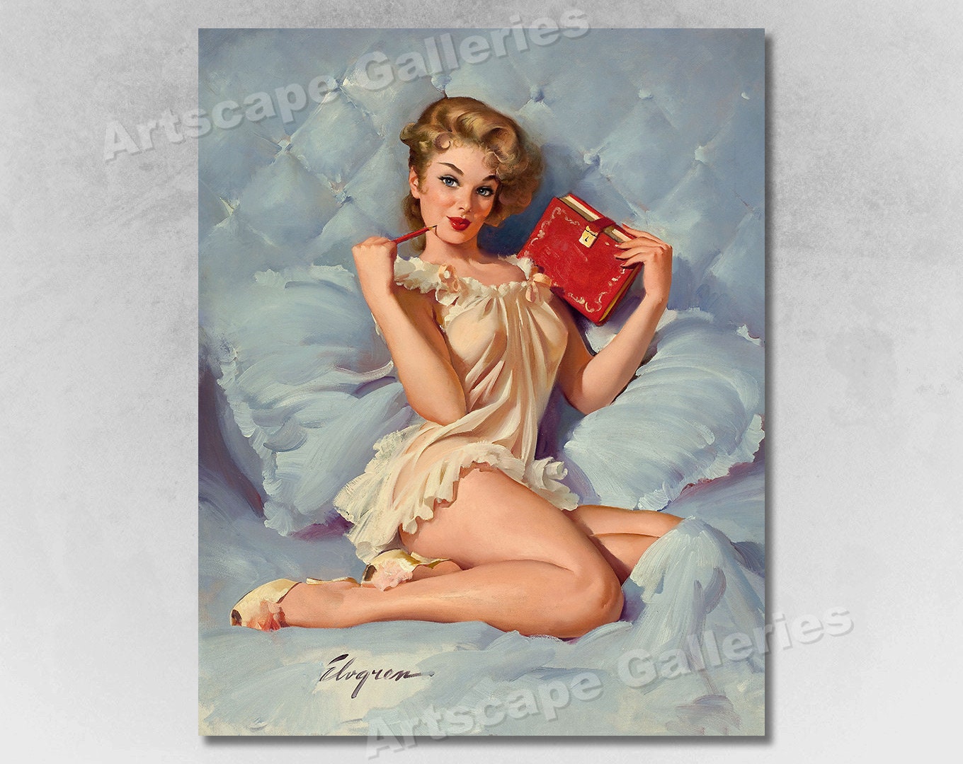 1960's Elvgren Pin-Up Girl Writing Poster Thinking of You - .de