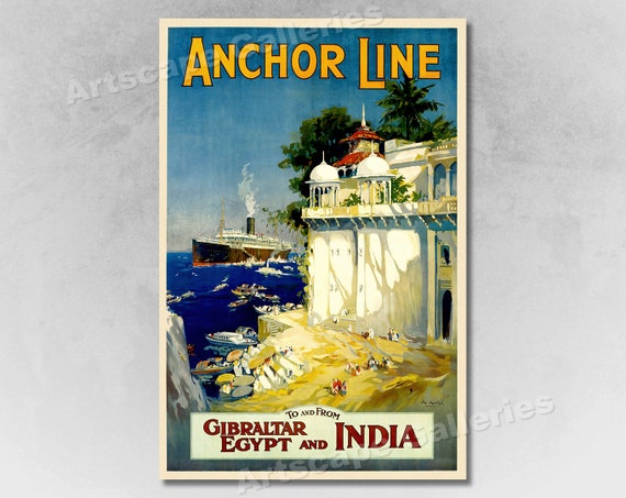1930s anchor Line Gibraltar to India Vintage Style Travel Poster -   Canada