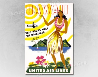 May include: Vintage travel poster advertising a trip to Hawaii with United Airlines. The poster features a hula dancer in a yellow grass skirt and a lei, with a plane flying overhead and a tropical island scene in the background. The text reads "Hawaii, Only Hours Away Via Mainliner, United Air Lines."