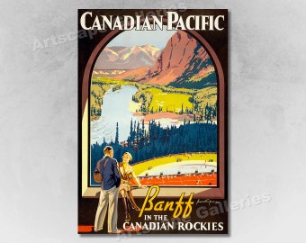May include: A vintage travel poster for Canadian Pacific featuring a scenic view of Banff in the Canadian Rockies. The poster depicts a couple looking out a window at a mountain range, a river, and a valley. The text on the poster reads "Canadian Pacific" and "Banff in the Canadian Rockies".