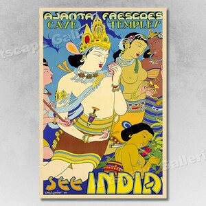 1934 See India Travel Poster - Ajanta Frescoes Cave Temples