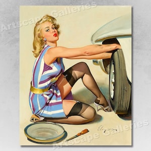 1960s Elvgren Pin-Up Girl Poster Auto Tire &quot;Quick Change&quot;