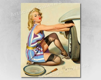 May include: A woman in a blue and purple striped dress is working on a white car. She is kneeling on the ground and has her hand on the tire. There is a screwdriver and a metal dish on the ground.