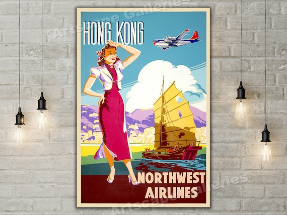 1950s Hong Kong Northwest Airlines Vintage Style Travel