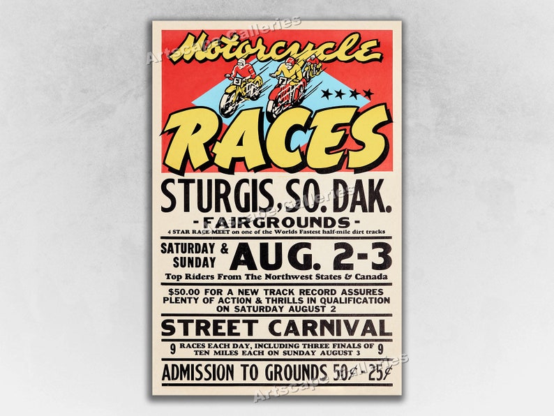 1950s Sturgis Motorcycle Races Vintage Travel Poster – 16x24 Reproduction