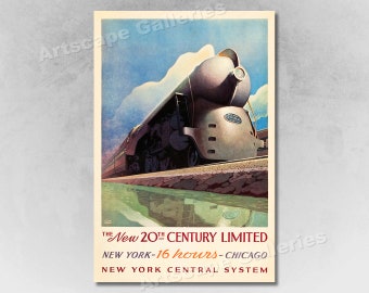 Op de afbeelding: Vintage reisposter met een zilveren en zwarte stoomlocomotief met de tekst "THE New 20TH CENTURY LIMITED NEW YORK-16 hours-CHICAGO NEW YORK CENTRAL SYSTEM"