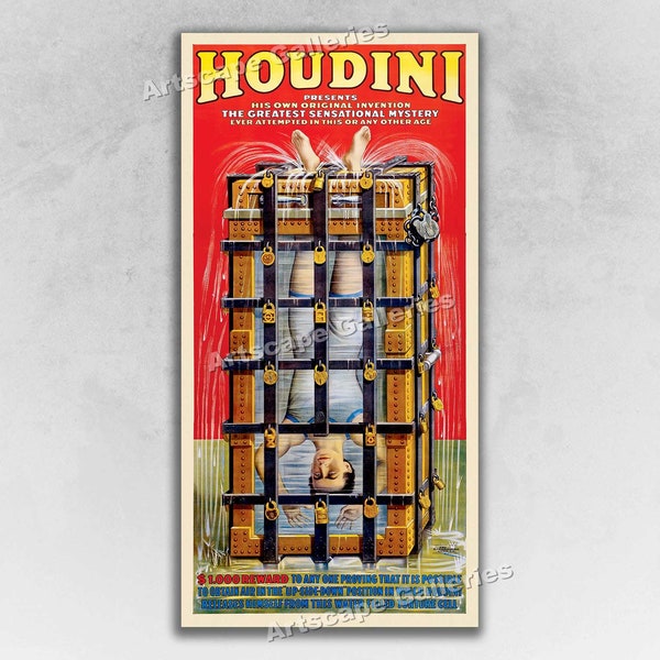 1916 Houdini Water Torture Cell Escape - Vintage Magic Poster Art Print