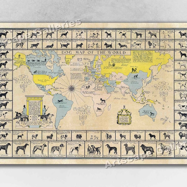 1933 Dog Map of The World - Dogs of the World Poster - Dogs Wall Art - Vintage Dog Print