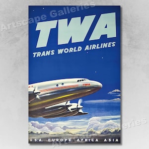 TWA Trans World Airlines 1950s Vintage Style Aviation Travel Poster