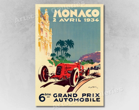 24x36 1934 Monaco Grand Prix Vintage Style Red Race Car Poster 