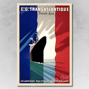 1937 &quot;Transatlantique&quot; French Line Classic Vintage Style Travel Poster