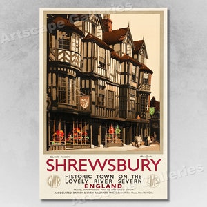 Shrewsbury England River Severn 1930s Vintage Style Travel Poster