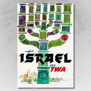 Visit Israel 1960s TWA Vintage Style Airline Travel Poster