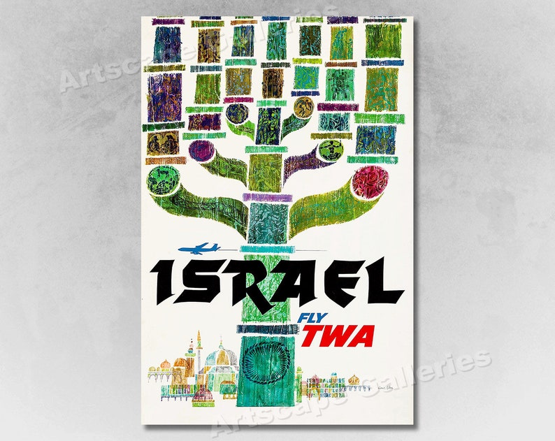 Visit Israel 1960s TWA Vintage Style Airline Travel Poster