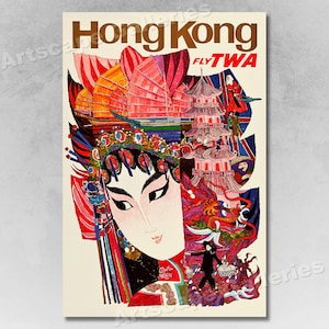 1960s Hong Kong Fly TWA Vintage Style Travel Poster