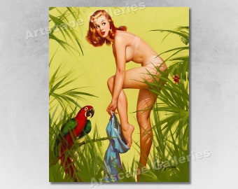 1950&#39;s &quot;Bare Essentials&quot; Vintage Style Elvgren Jungle Parrot Pin-Up Poster