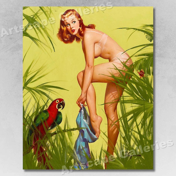 1950's "Bare Essentials" Vintage Style Elvgren Jungle Parrot Pin-Up Poster