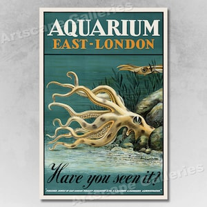 1939 Visit the London Aquarium Octopus Vintage Style Travel Poster