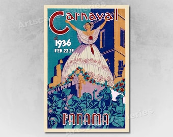 May include: A vintage poster advertising the 1936 Carnival in Panama City, Panama. The poster features a woman in a white dress with floral embroidery, standing on a platform with a crowd of people below. The text on the poster reads "Carnaval de 1936 FEB 22-25" and "VIVA LA REINA PANAMA".