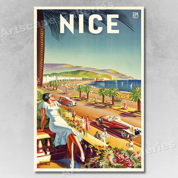 Nice France 1930s Vintage Style French Riviera Beach Travel Poster