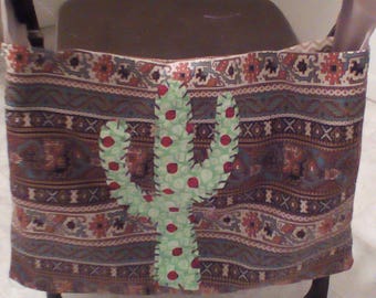 Recycled Fabric Western Themed Tote With Cactus and Khaki Strap