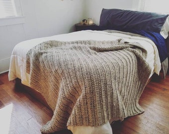 Large Cozy Textured Blanket // Chunky Wool Blend Crocheted Afghan // SALE