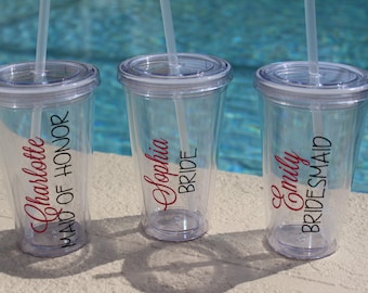 Personalized Bachelorette Party Cups, Girls Weekend Party Cups,  SET OF 6  Plastic Tumblers with Screw Lid and Straw
