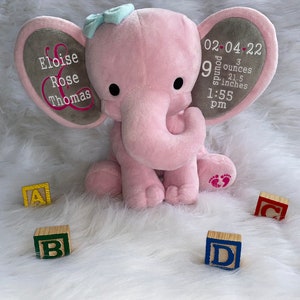 Birth Announcement Gift, Personalized New Baby Gift, Birth Stat Elephant, Baby Keepsake Elephant, Baby Shower, Mom to be Gift