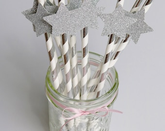Pajitas de papel plateadas, pajitas de papel con estrellas plateadas, pajitas plateadas para fiestas, pajitas de papel con brillantina plateada, pajitas con estrellas, pajitas plateadas metálicas, estrellas