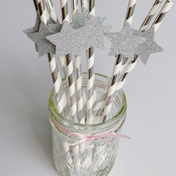 Silver paper straws, silver star paper straws, silver party straws, silver glitter paper straws, star straws, silver metallic straws, stars