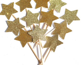 12 gold glitter star cupcake toppers, wedding cupcake toppers, glitter star cupcake toppers, gold star cupcake picks, gold cupcake toppers