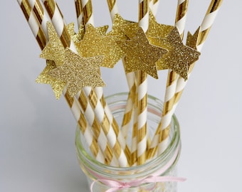 Pajitas de papel doradas, pajitas de papel con forma de estrella dorada, pajitas doradas para fiestas, pajitas de papel con purpurina dorada, estrellita brillante, pajitas doradas metalizadas