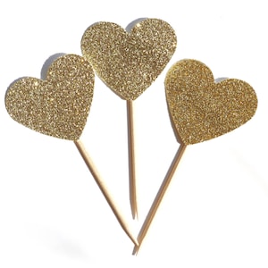 12 DOUBLE SIDED Gold Heart Cupcake Toppers, rustic cupcake picks, gold glitter cupcake toppers, heart cupcake picks, wedding cupcake picks