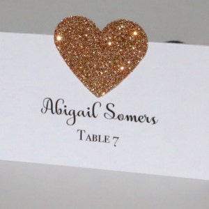 10 Rose gold Tischkarten, Tischkarten Hochzeit, Rose Gold Glitter Tischkarten, Rose Gold Herz Tischkarten, weiße Tischkarten, Tischkarten
