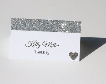 10 Wedding Place Cards, Glitter Place Cards, Silver Glitter Place Cards, Silver Wedding Place Cards, Glitter Place Cards, White Place cards