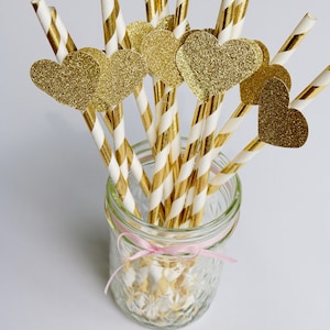 Gold paper straws, gold heart paper straws, gold party straws, gold glitter paper straws, gold wedding, gold metallic straws, heart straws