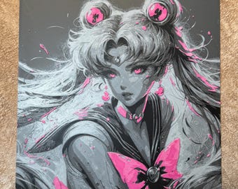 Art mural Anime Moon Warrior imprimé en 3D | Décoration de personnage fantastique rose, impression de salle de jeu