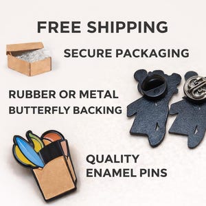 Peut inclure: Deux &eacute;pingles en &eacute;mail noir en forme d'ours, l'une avec un dos noir et l'autre avec un dos argent&eacute;. Une &eacute;pingle en &eacute;mail color&eacute;e d'un sac en papier brun avec des aliments est &eacute;galement pr&eacute;sent&eacute;e. L'image comprend le texte "Rubber or Metal Butterfly Backing".