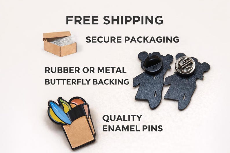 Peut inclure: Deux &eacute;pingles en &eacute;mail noir en forme d'ours, l'une avec un dos noir et l'autre avec un dos argent&eacute;. Une &eacute;pingle en &eacute;mail color&eacute;e d'un sac en papier brun avec des aliments est &eacute;galement pr&eacute;sent&eacute;e. L'image comprend le texte "Rubber or Metal Butterfly Backing".