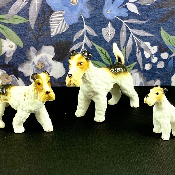 Airedale Wirehaired Fox Terrier Dog Figurines, Set of 3, Vintage Porcelain Miniatures