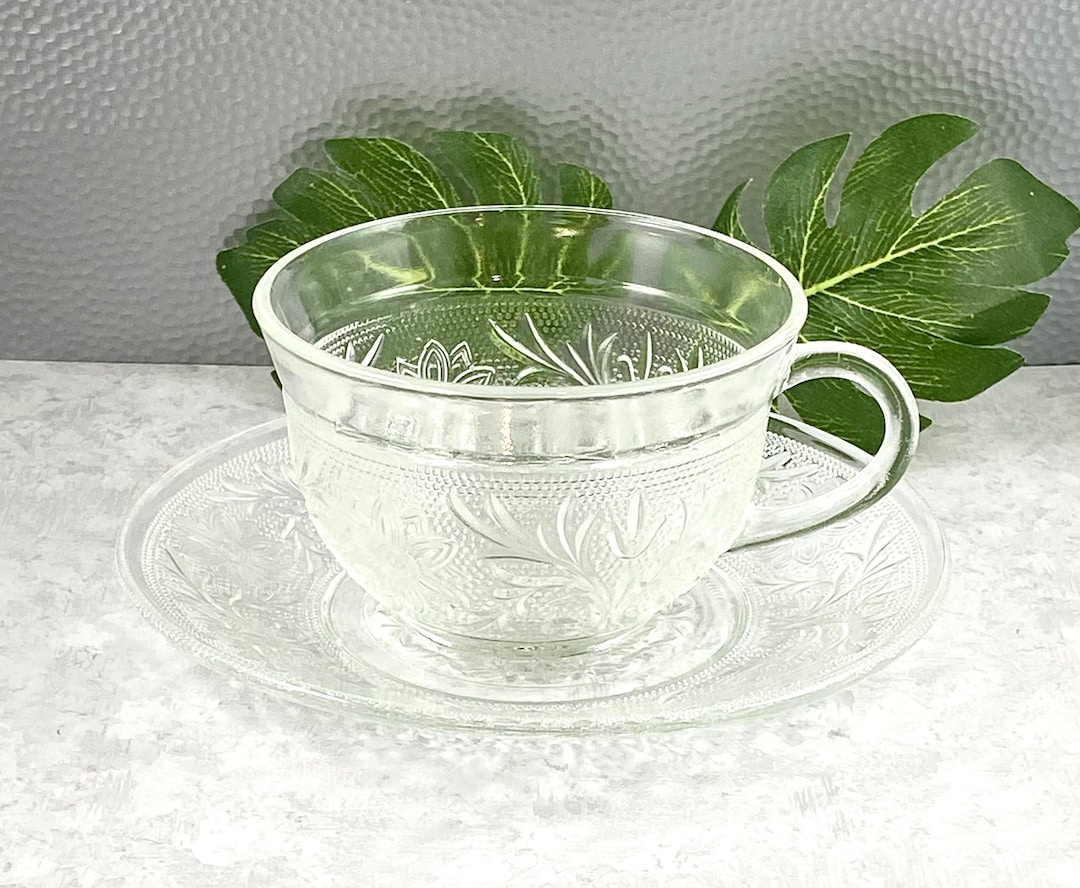Anchor Hocking Tea Set, Vintage Glass Cup and Saucer, Sandwich Clear