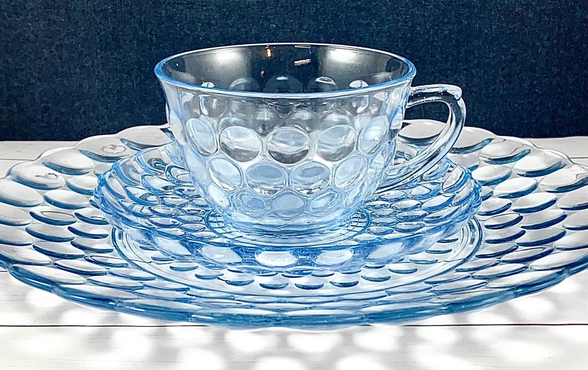 blue bubble pattern cups & saucers, vintage depression glass tea cups set