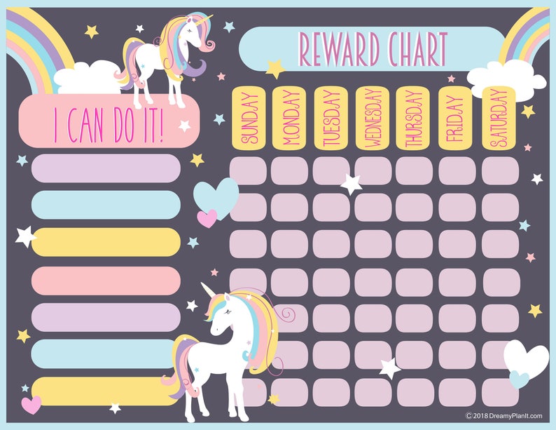 kids reward chart unicorn midnight blue instant download etsy