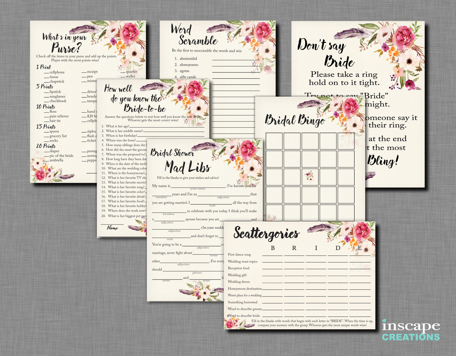 Boho 7Games MEGA Bundle Rustic Bohemian Bridal Shower Games Etsy