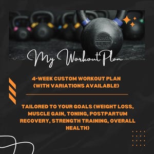 Może przedstawiać: Czarny kettlebell z niebieskimi akcentami, o wadze 20KG/44.1LB, jest w centrum uwagi. Tekst "My Workout Plan" jest napisany kursywą. Obraz promuje 4-tygodniowy spersonalizowany plan treningowy.