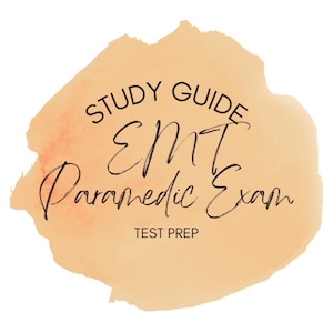 Puede incluir: Una ilustración de estilo acuarela de una guía de estudio para el examen de EMT Paramedic. El texto dice "Guía de estudio EMT Examen de paramédico Preparación para el examen".